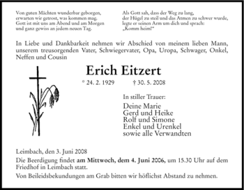 Traueranzeige von Erich Eitzert von HERSFELDER ZEITUNG