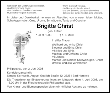 Traueranzeige von Brigitte Christ von HERSFELDER ZEITUNG