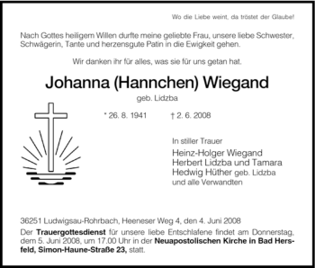 Traueranzeige von Johanna Wiegand von HERSFELDER ZEITUNG