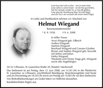 Traueranzeige von Helmut Wiegand von HERSFELDER ZEITUNG