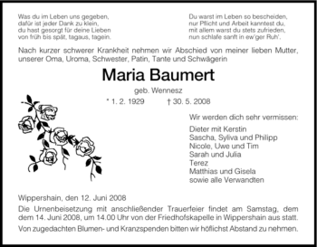 Traueranzeige von Maria Baumert von HERSFELDER ZEITUNG