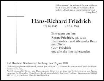 Traueranzeige von Hans-Richard Friedrich von HERSFELDER ZEITUNG