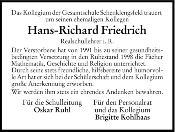 Traueranzeige von Hans-Richard Friedrich von HERSFELDER ZEITUNG