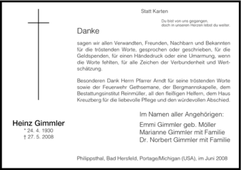 Traueranzeige von Heinz Gimmler von HERSFELDER ZEITUNG