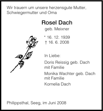 Traueranzeige von Rosel Dach von HERSFELDER ZEITUNG