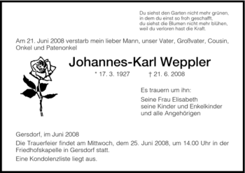 Traueranzeige von Johannes-Karl Weppler von HERSFELDER ZEITUNG