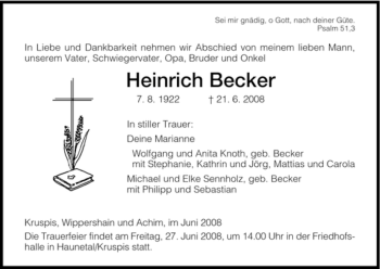 Traueranzeige von Heinrich Becker von HERSFELDER ZEITUNG