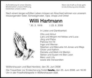 Traueranzeige von Willi Hartmann von HERSFELDER ZEITUNG