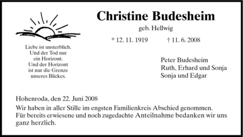  Traueranzeige für Christine Budesheim vom 25.06.2008 aus HERSFELDER ZEITUNG