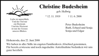 Traueranzeige von Christine Budesheim von HERSFELDER ZEITUNG
