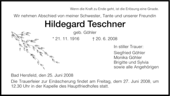 Traueranzeige von Hildegard Teschner von HERSFELDER ZEITUNG