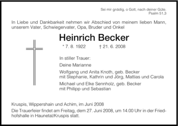 Traueranzeige von Heinrich Becker von HERSFELDER ZEITUNG