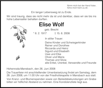 Traueranzeige von Elise Wolf von HERSFELDER ZEITUNG