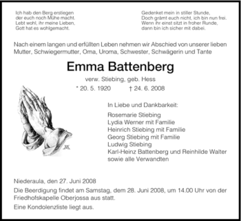 Traueranzeige von Emma Battenberg von HERSFELDER ZEITUNG