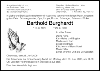 Traueranzeige von Barthold Burghardt von HERSFELDER ZEITUNG