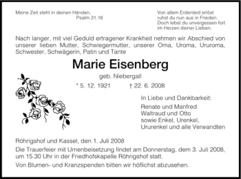 Traueranzeige von Marie Eisenberg von HERSFELDER ZEITUNG