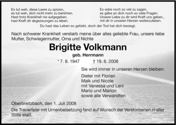 Traueranzeige von Brigitte Volkmann von HERSFELDER ZEITUNG