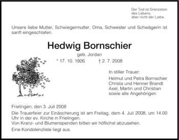 Traueranzeige von Hedwig Bornschier von HERSFELDER ZEITUNG