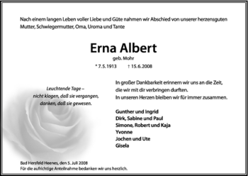 Traueranzeige von Erna Albert von HERSFELDER ZEITUNG