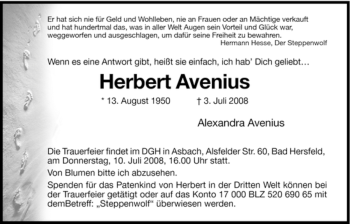 Traueranzeige von Herbert Avenius von HERSFELDER ZEITUNG