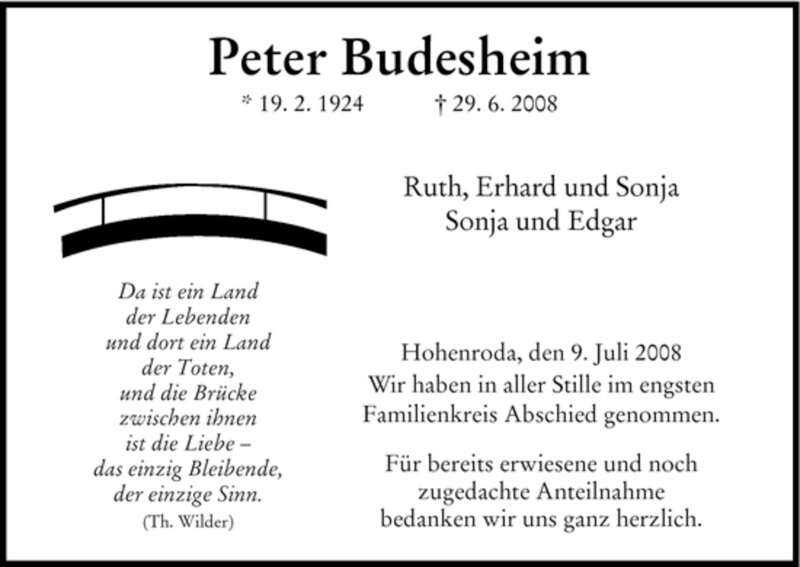 Traueranzeige für Peter Budesheim vom 09.07.2008 aus HERSFELDER ZEITUNG