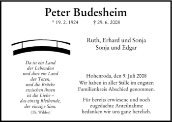 Traueranzeige von Peter Budesheim von HERSFELDER ZEITUNG