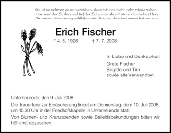 Traueranzeige von Erich Fischer von HERSFELDER ZEITUNG