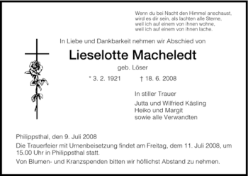 Traueranzeige von Lieselotte Macheledt von HERSFELDER ZEITUNG