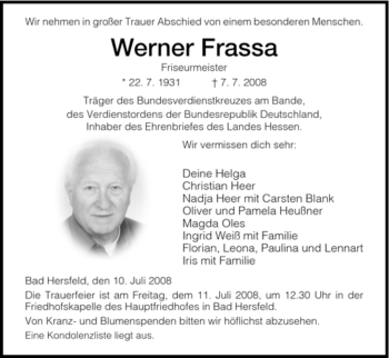 Traueranzeige von Werner Frassa von HERSFELDER ZEITUNG