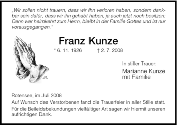 Traueranzeige von Franz Kunze von HERSFELDER ZEITUNG