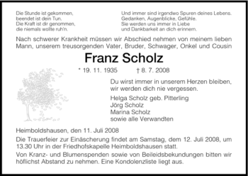 Traueranzeige von Franz Scholz von HERSFELDER ZEITUNG