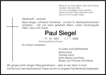Traueranzeige von Paul Siegel von HERSFELDER ZEITUNG