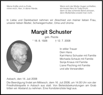 Traueranzeige von Margit Schuster von HERSFELDER ZEITUNG