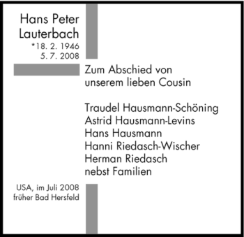 Traueranzeige von Hans Peter Lauterbach von HERSFELDER ZEITUNG