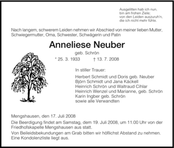 Traueranzeige von Anneliese Neuber von HERSFELDER ZEITUNG