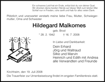 Traueranzeige von Hildegard Malkomes von HERSFELDER ZEITUNG