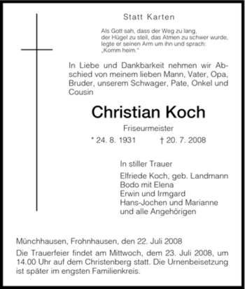 Traueranzeige von Christian Koch von HERSFELDER ZEITUNG