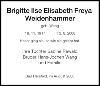 Traueranzeige von Brigitte Ilse Elisabeth Freya Weidenhammer von HERSFELDER ZEITUNG