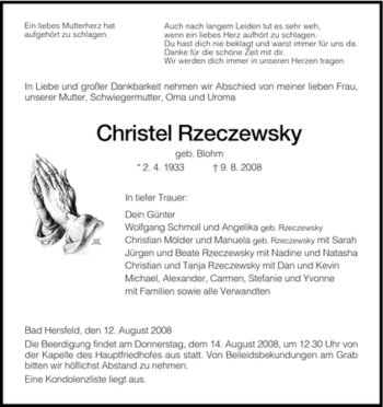 Traueranzeige von Christel Rzeczewsky von HERSFELDER ZEITUNG