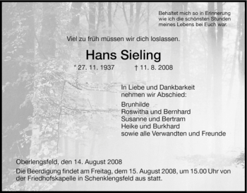 Traueranzeige von Hans Sieling von HERSFELDER ZEITUNG