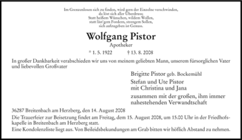 Traueranzeige von Wolfgang Pistor von HERSFELDER ZEITUNG