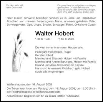 Traueranzeige von Walter Hobert von HERSFELDER ZEITUNG