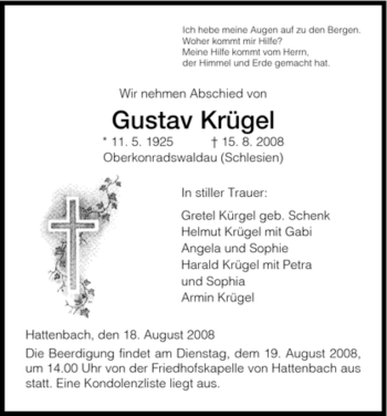 Traueranzeige von Gustav Krügel von HERSFELDER ZEITUNG