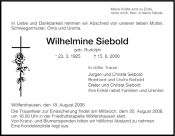 Traueranzeige von Wilhelmine Siebold von HERSFELDER ZEITUNG