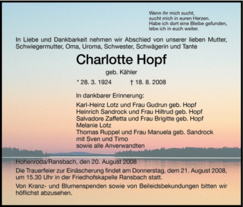 Traueranzeige von Charlotte Hopf von HERSFELDER ZEITUNG