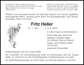 Traueranzeige von Fritz Heller von HERSFELDER ZEITUNG