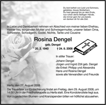 Traueranzeige von Rosina Dengel von HERSFELDER ZEITUNG