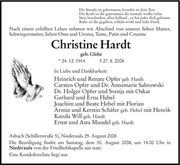 Traueranzeige von Christine Hardt von HERSFELDER ZEITUNG