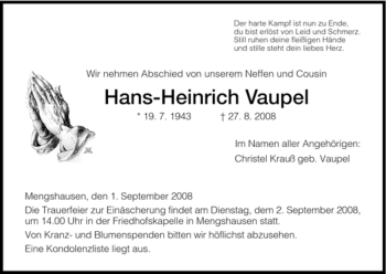 Traueranzeige von Hans-Heinrich Vaupel von HERSFELDER ZEITUNG