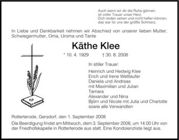 Traueranzeige von Kaethe Klee von HERSFELDER ZEITUNG